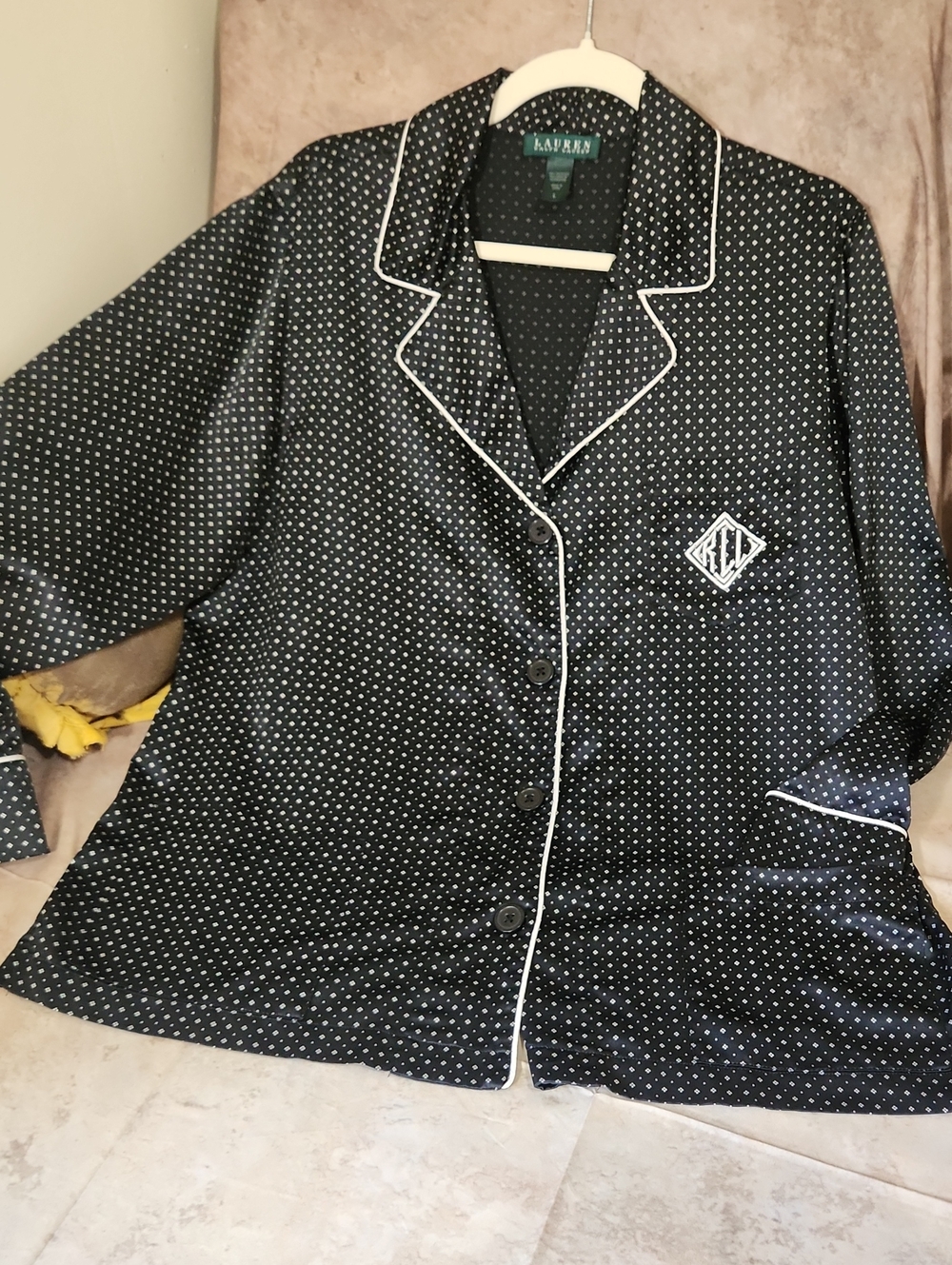Lauren Ralph Lauren Black Satin Polka Dot Pajama Shirt with Ivory Piping